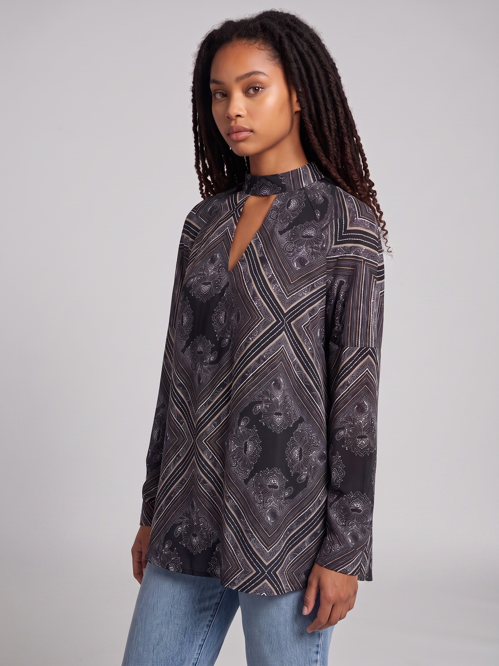 Free People Black White Gray  Keyhole Long-Sleeve Boho Tunic Blouse M Top